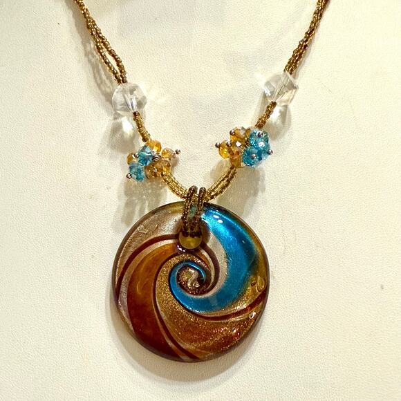 Murano Style Round Glass Pendant w/ Crystal Beaded Cord - Picture 3 of 5